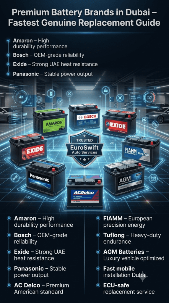 Infographic showing premium car battery brands in Dubai including Amaron, Bosch, Exide, Panasonic, AC Delco, FIAMM, Tuflong, and AGM high-performance batteries with luxury automotive service background.