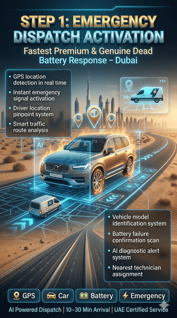 Futuristic infographic showing emergency battery service dispatch system in Dubai with GPS tracking, vehicle identification, and AI diagnostics over a luxury car.