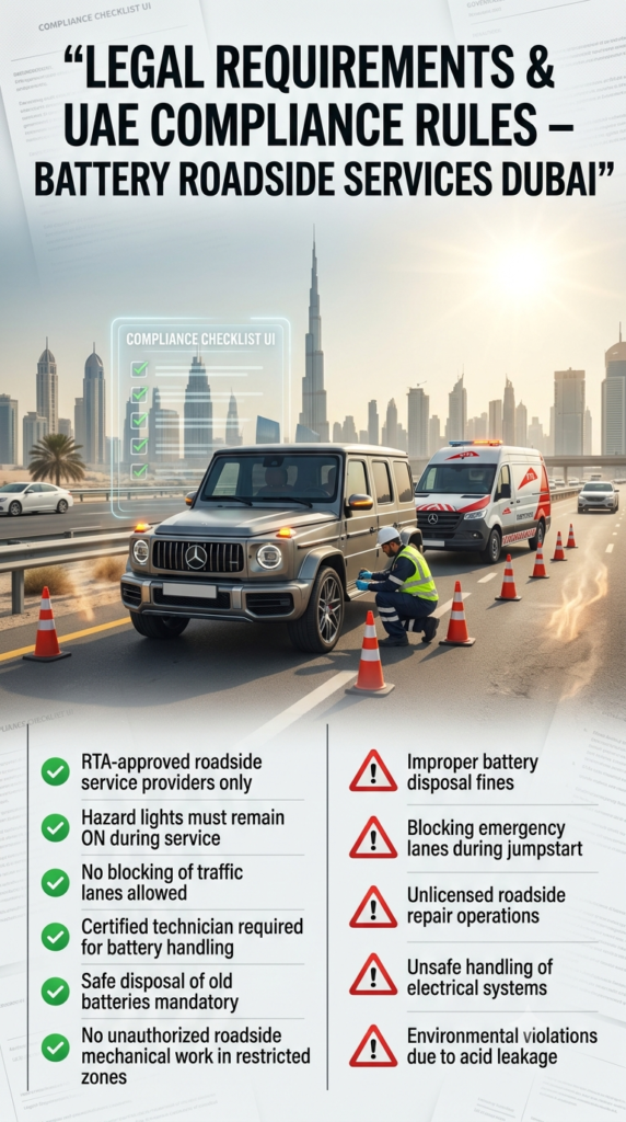 Dubai roadside battery replacement compliance scene showing certified technician, RTA-approved service vehicle, hazard lights, and legal safety rules for vehicle battery services under UAE regulations.