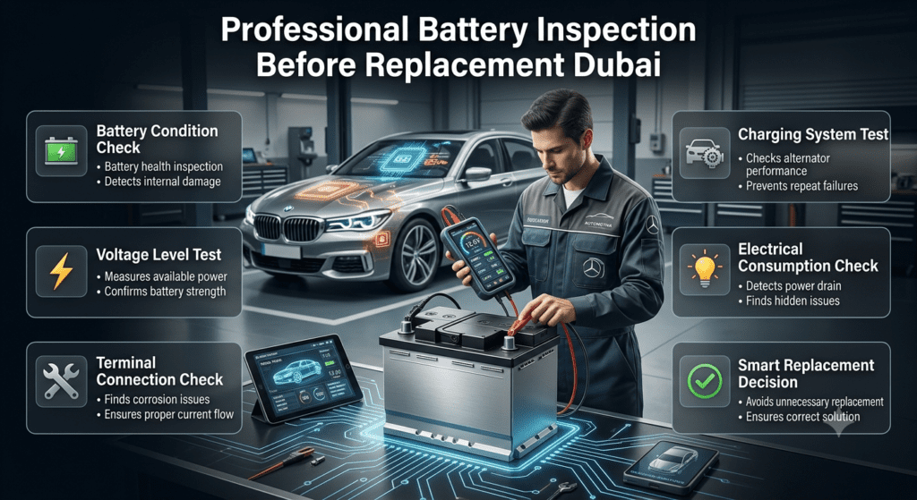 Professional technician inspecting car battery condition, voltage, terminals, charging system, and electrical consumption before replacement.