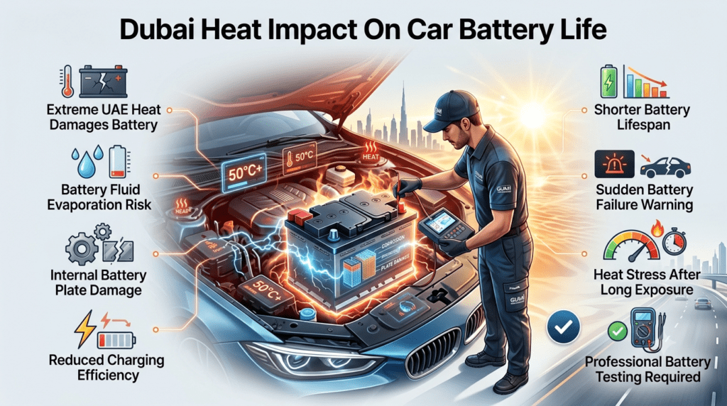 Dubai heat impact on car battery life showing battery fluid evaporation, internal damage, reduced charging efficiency, and professional battery inspection.