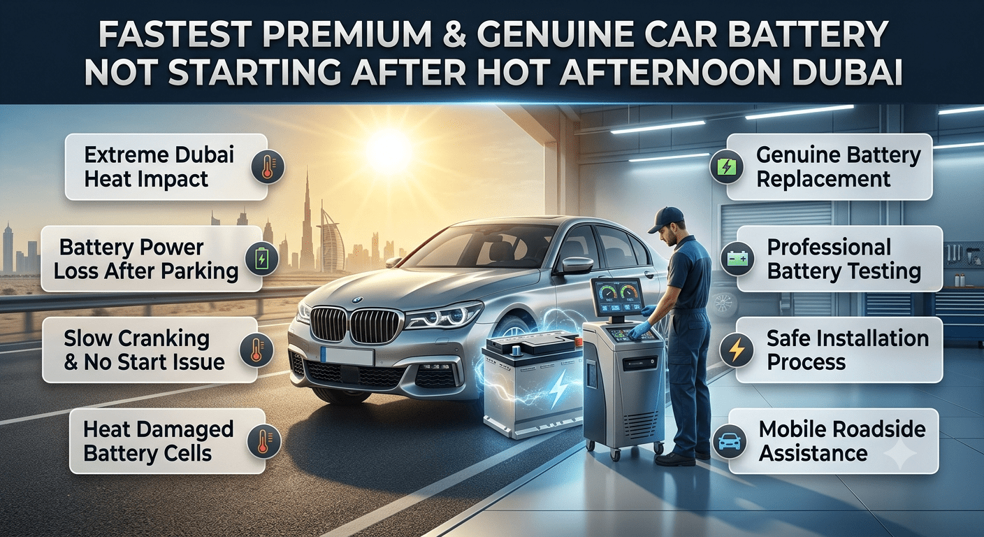 Fastest premium genuine car battery not starting after hot afternoon Dubai showing battery heat impact, vehicle failure signs, and professional replacement service.