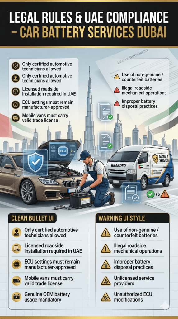 Professional infographic showing UAE legal compliance rules for car battery replacement services with certified technicians and violation warnings.