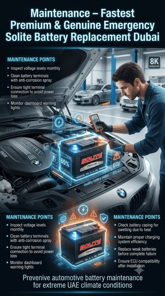 Solite battery maintenance infographic showing voltage inspection, terminal cleaning, ECU compatibility checks, and preventive care steps in a premium Dubai automotive workshop environment.