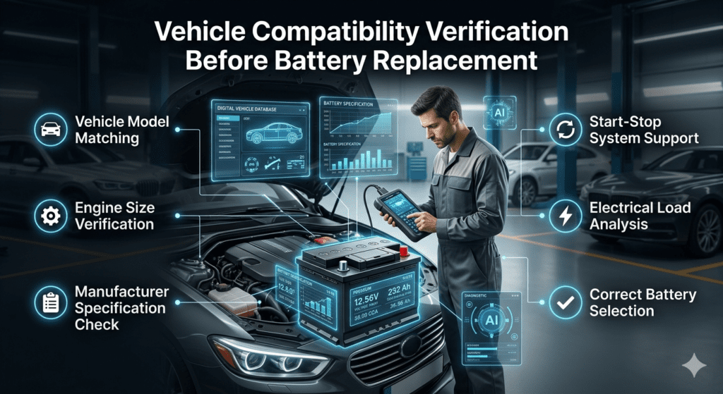 Technician verifying vehicle model, engine size, manufacturer specifications and electrical requirements before car battery replacement in Dubai