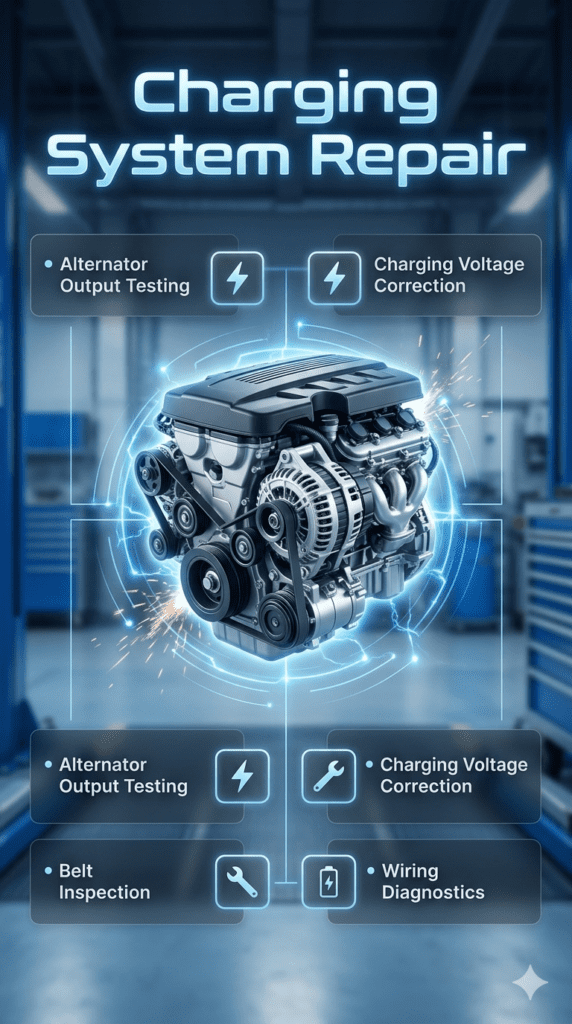 Charging System Repair β Complete Diagnostic & Maintenance Guide Professional charging system repair infographic showing alternator testing, belt inspection, voltage correction, and wiring diagnostics with a central engine image and automotive repair theme.