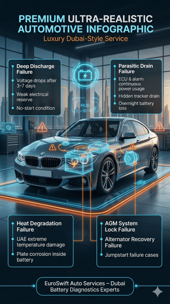 Types of Battery Issues After Parking for Days – Dubai Automotive Guide Luxury automotive infographic showing different types of car battery failures after parking in Dubai heat including deep discharge, parasitic drain, and AGM system issues.