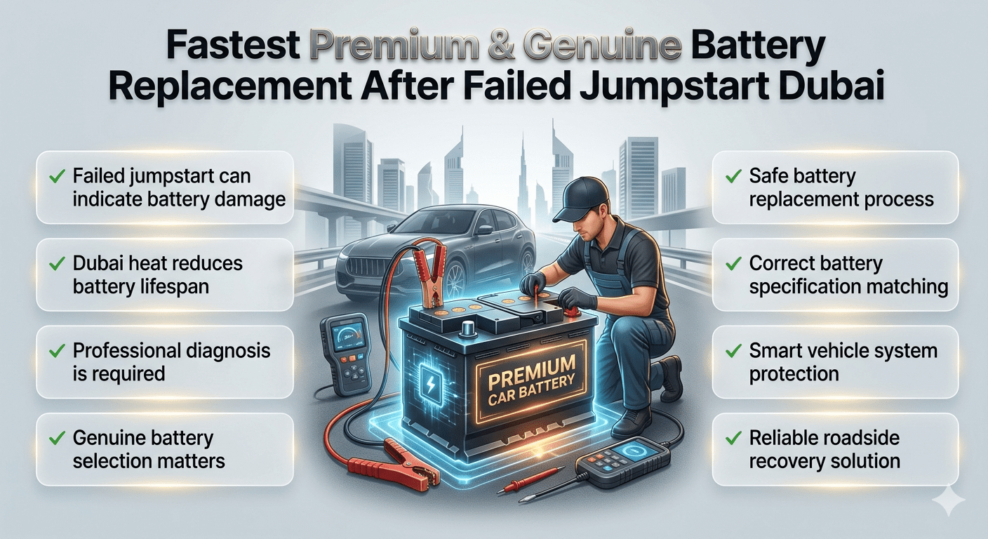 Fastest Premium and Genuine Battery Replacement After Failed Jumpstart Dubai showing professional car battery diagnosis, roadside replacement, and Dubai emergency battery service guide