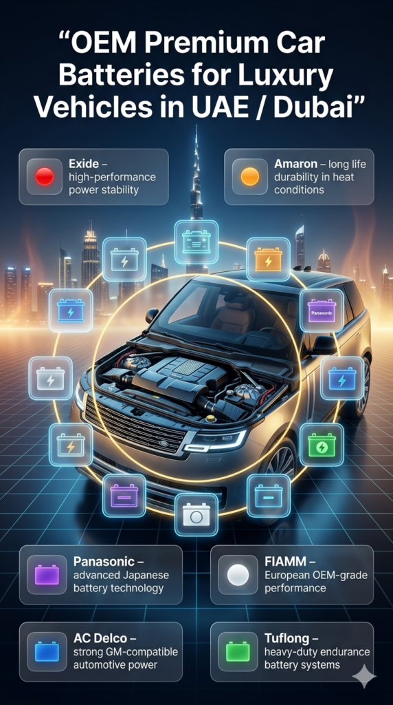 OEM Premium Car Batteries in UAE / Dubai – Bosch, Exide, Amaron & More Luxury Power Brands Luxury infographic showing OEM premium car battery brands including Bosch, Exide, Amaron, Panasonic, FIAMM, AC Delco, and Tuflong arranged around a modern automotive system in Dubai.