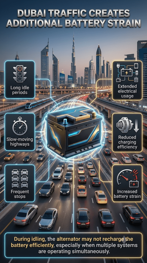Premium infographic showing how Dubai traffic conditions like long idling, slow highways, frequent stops, and electrical usage increase car battery strain.