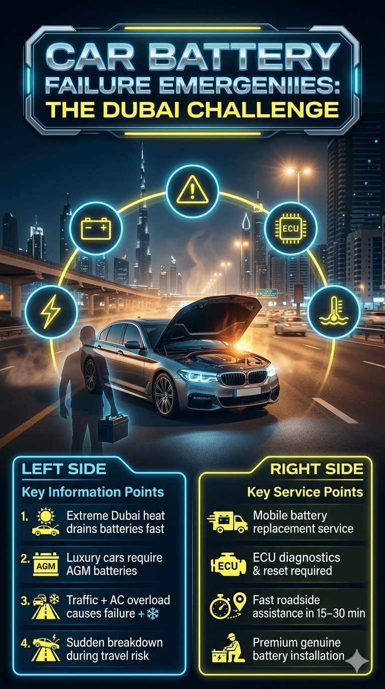 Luxury car stopped on Dubai highway due to battery failure with emergency warning icons, infographic showing causes and solutions of Fastest Premium & Genuine Car battery failure during travel Dubai.