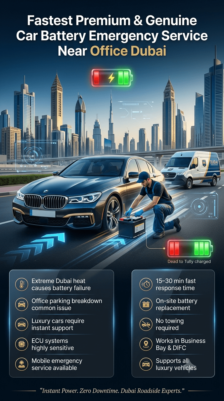 Premium infographic showing fastest premium and genuine car battery emergency service near office Dubai with luxury car breakdown, mobile technician replacement, and Dubai business district background.