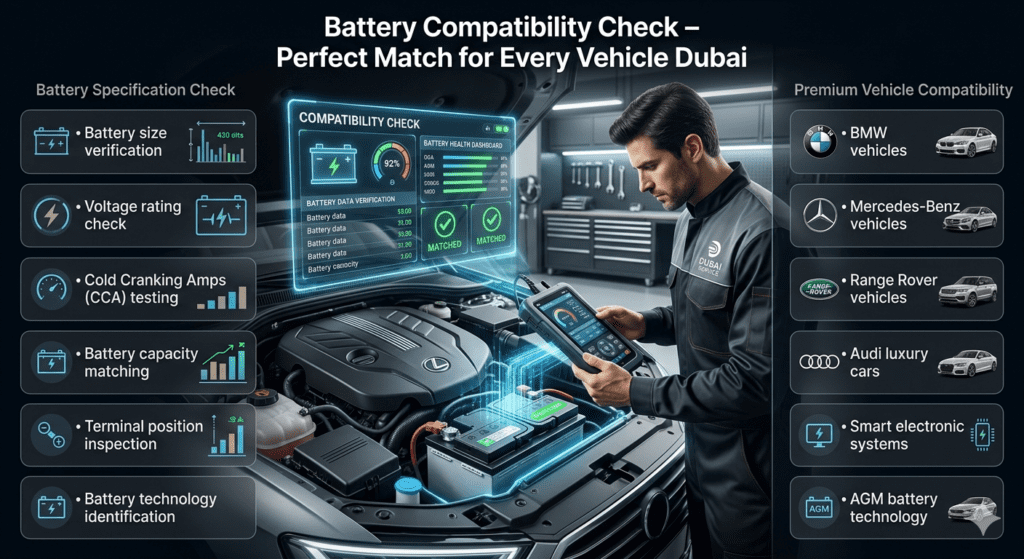 Car battery compatibility check in Dubai showing technician verifying battery size, voltage, CCA, capacity, and technology for luxury vehicles.