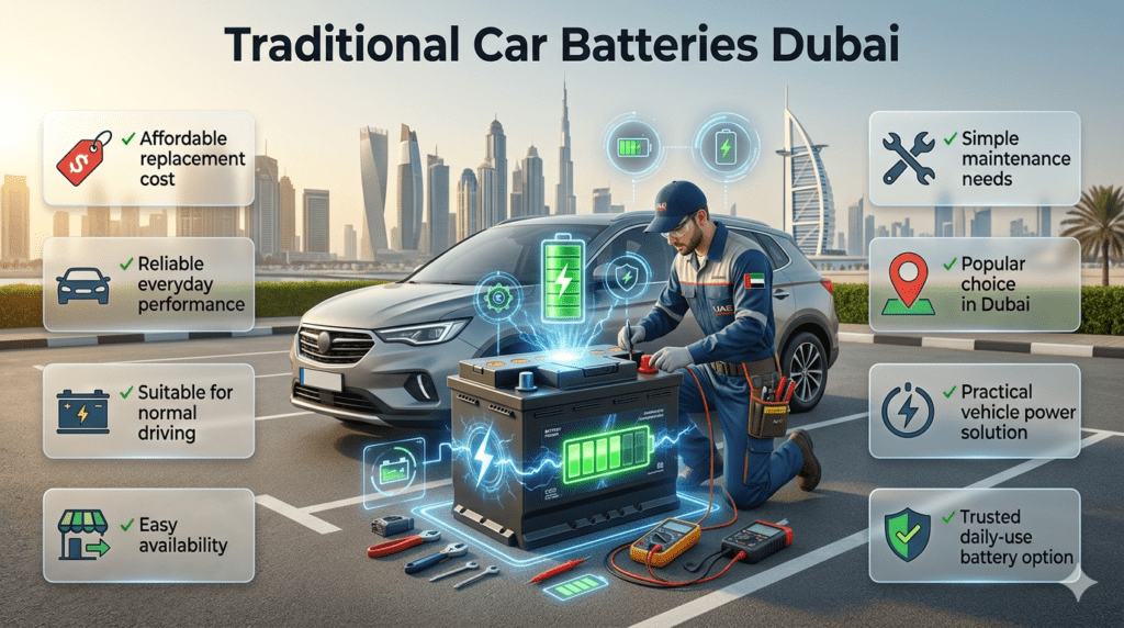 Traditional car battery Dubai service showing affordable replacement, reliable performance, and everyday vehicle battery solution.
