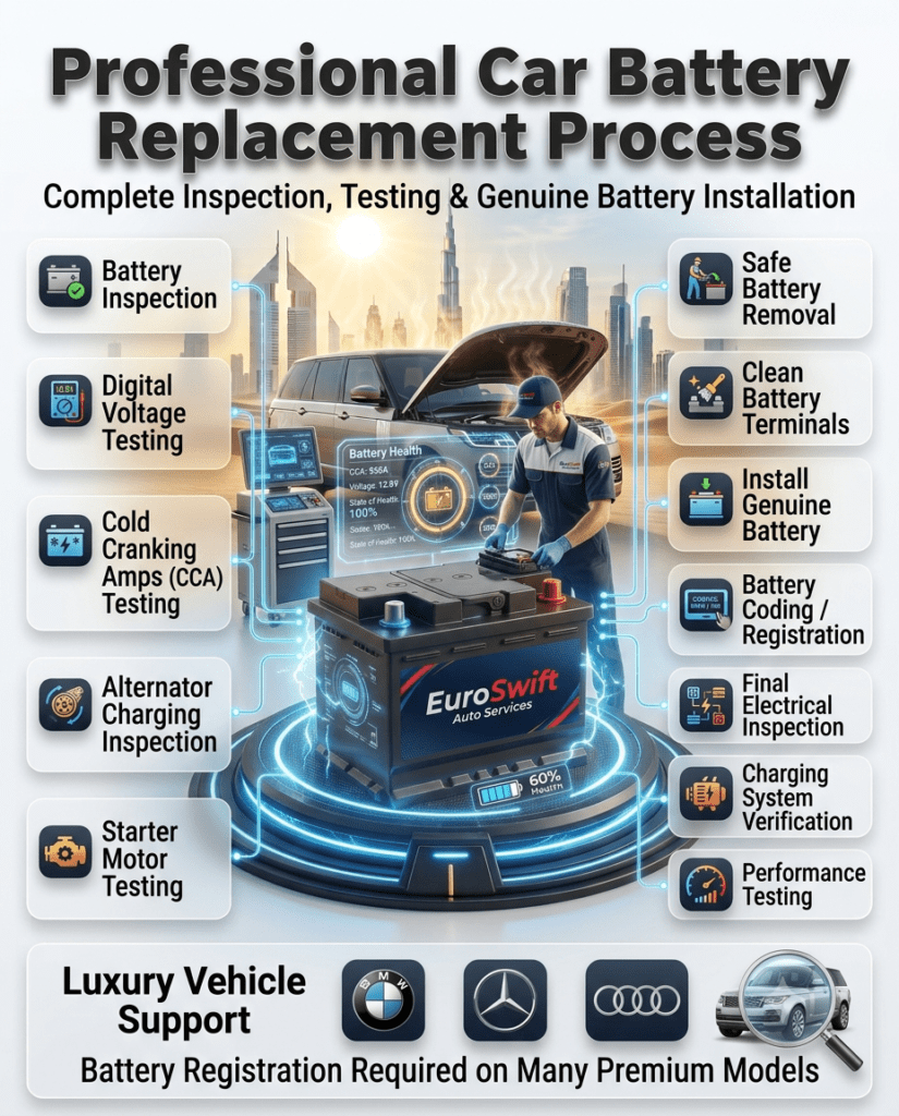 Professional car battery replacement process infographic showing battery inspection, voltage testing, CCA testing, alternator inspection, genuine battery installation, battery coding, and final performance testing.