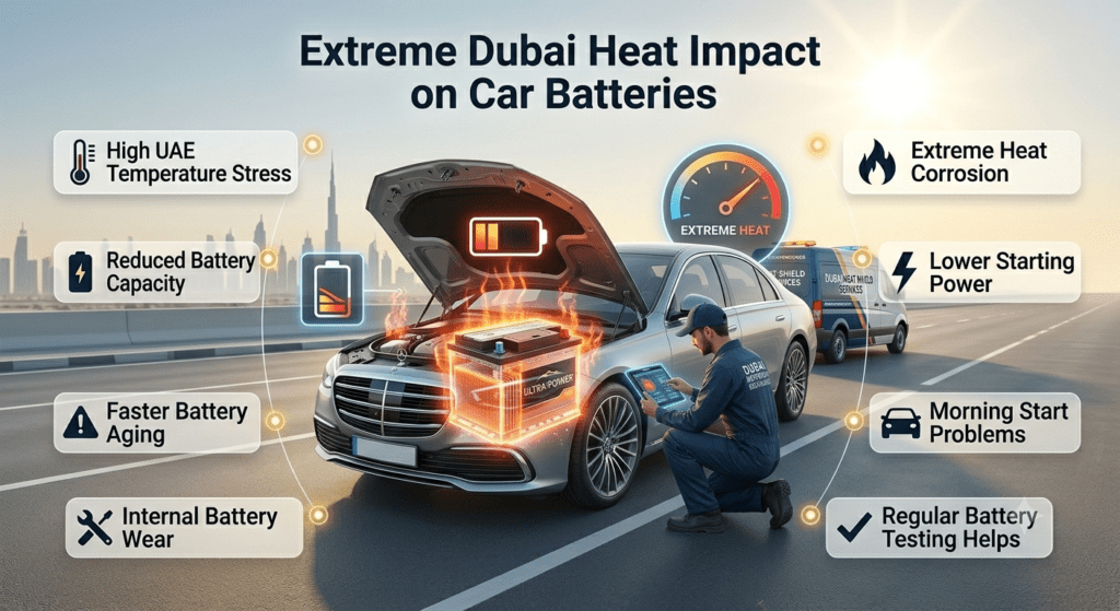 Extreme Dubai heat affecting car battery performance with reduced capacity, corrosion, and lower starting power infographic