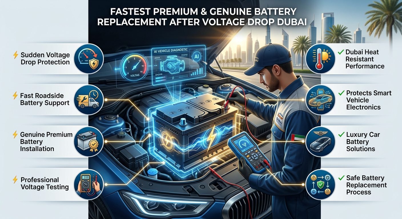 Fastest premium and genuine car battery replacement after voltage drop in Dubai with professional battery testing and roadside service infographic.