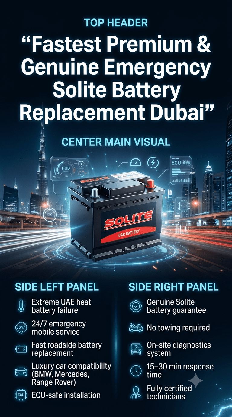 Premium infographic showing Fastest Premium & Genuine Emergency Solite Battery Replacement Dubai service with central Solite battery, Dubai skyline background, and emergency roadside assistance features highlighted on both sides.