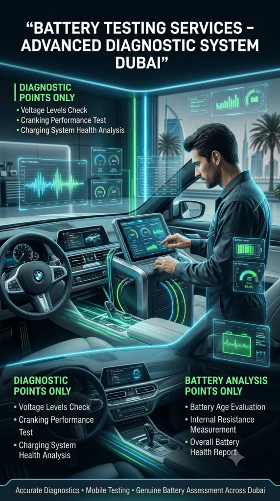 Battery Testing Services Dubai – Advanced Diagnostic System for Car Battery Health Advanced car battery testing service in Dubai showing technician using diagnostic equipment to check voltage, cranking performance, charging system, and battery health in a luxury vehicle.