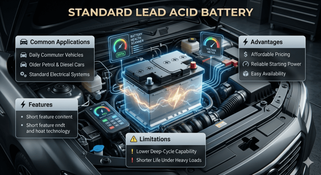 Standard Lead Acid Battery guide showing car battery applications, advantages, and limitations in a premium automotive infographic.