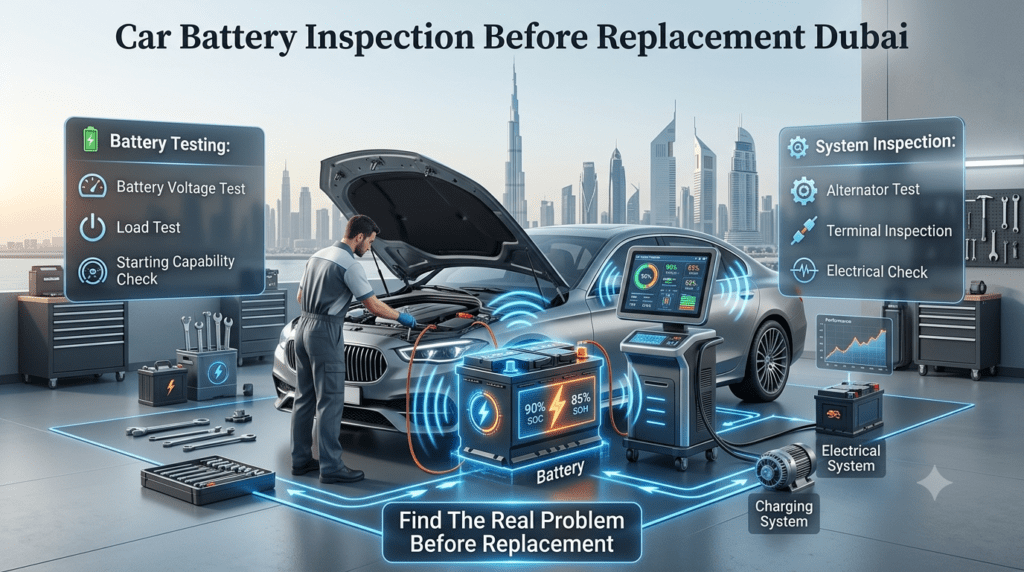 Car battery inspection before replacement Dubai showing voltage test, load test, alternator check, terminal inspection, and electrical diagnosis