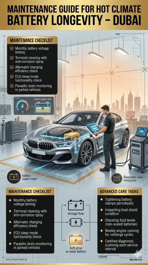 Infographic showing car battery maintenance guide in Dubai with technician performing diagnostics and checklist of preventive care tasks.