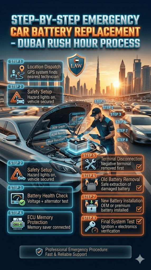 Step-by-step emergency car battery replacement process in Dubai showing a technician performing diagnostic testing, ECU protection, battery removal, and installation on a luxury car during rush hour with infographic overlays.
