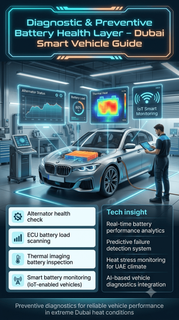 Diagnostic & Preventive Battery Health Layer – Dubai Smart Vehicle Guide Futuristic automotive diagnostic system showing battery health monitoring, alternator check, ECU scanning, and thermal imaging analysis in a luxury Dubai workshop.