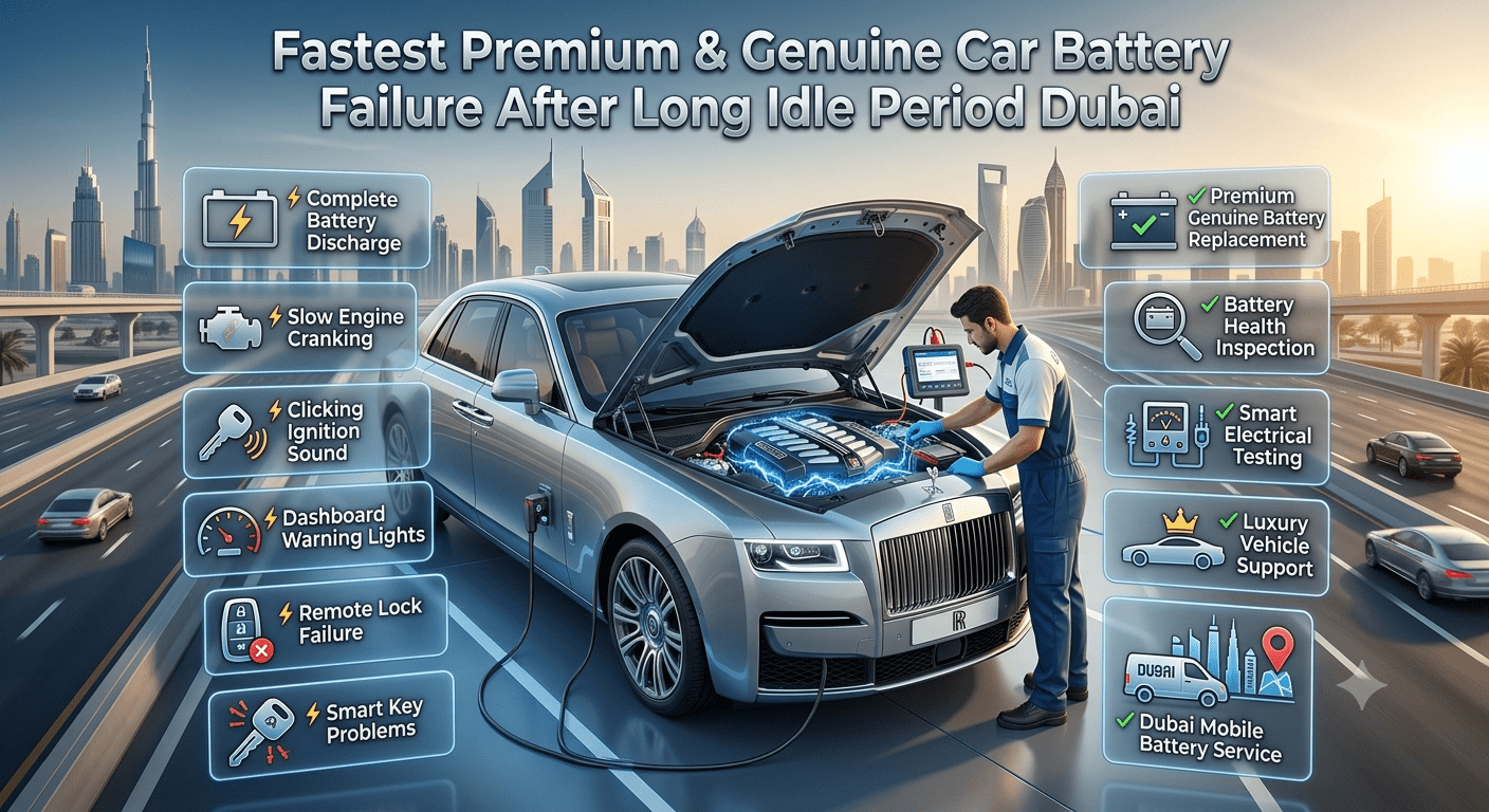 Premium car battery failure after long idle period Dubai showing battery discharge problems, smart vehicle electronics, and professional replacement service guide