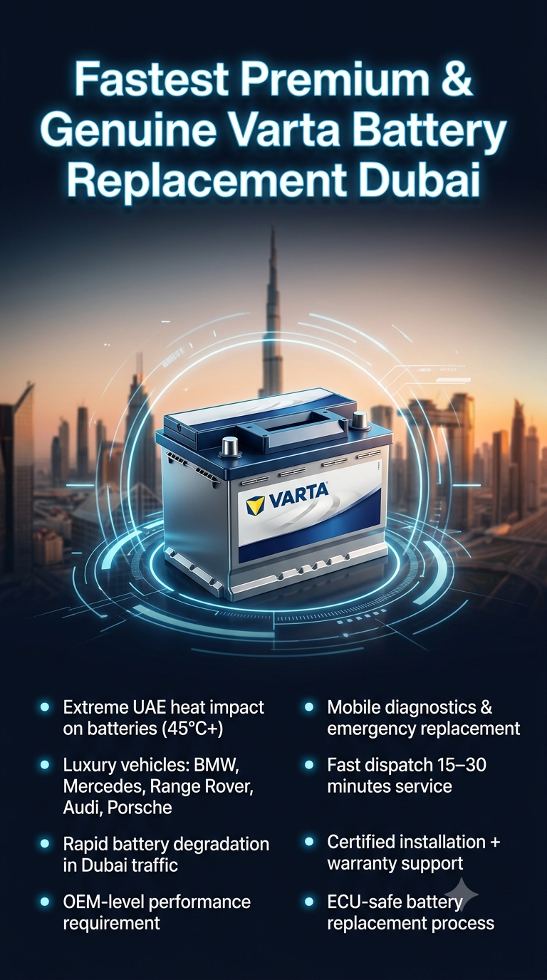 Ultra-premium automotive infographic showing Varta battery replacement service in Dubai with luxury car battery in center, Dubai skyline background, and key service points on both sides highlighting heat impact, luxury vehicles, and mobile replacement service.