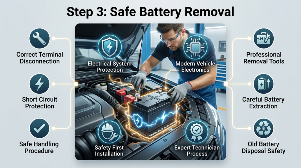 Safe car battery removal process infographic showing professional terminal disconnection, short circuit protection, careful handling, and secure battery extraction.