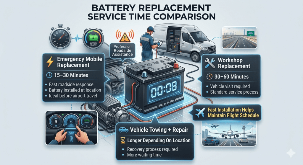 Car battery replacement service time comparison showing emergency mobile replacement, workshop service, and towing repair duration.