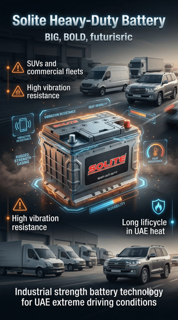 Solite heavy-duty battery infographic showing rugged design, SUVs and commercial fleet usage, high vibration resistance, and long lifecycle performance in UAE heat with futuristic industrial background.