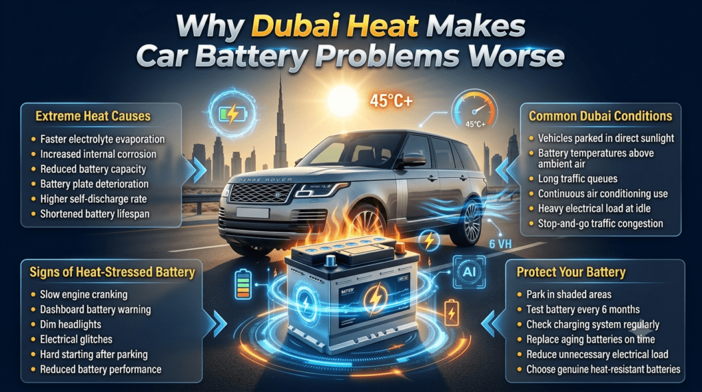 Why Dubai Heat Makes Car Battery Problems Worse | Dubai Car Battery Guide Premium infographic showing how Dubai's extreme heat damages car batteries through electrolyte evaporation, corrosion, reduced capacity, and prolonged traffic idling.