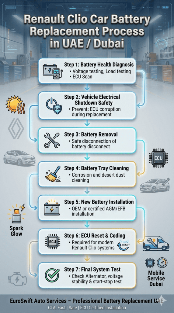 Step-by-step infographic showing Renault Clio Car Battery Replacement process in UAE / Dubai including diagnosis, removal, installation, ECU reset, and system testing.