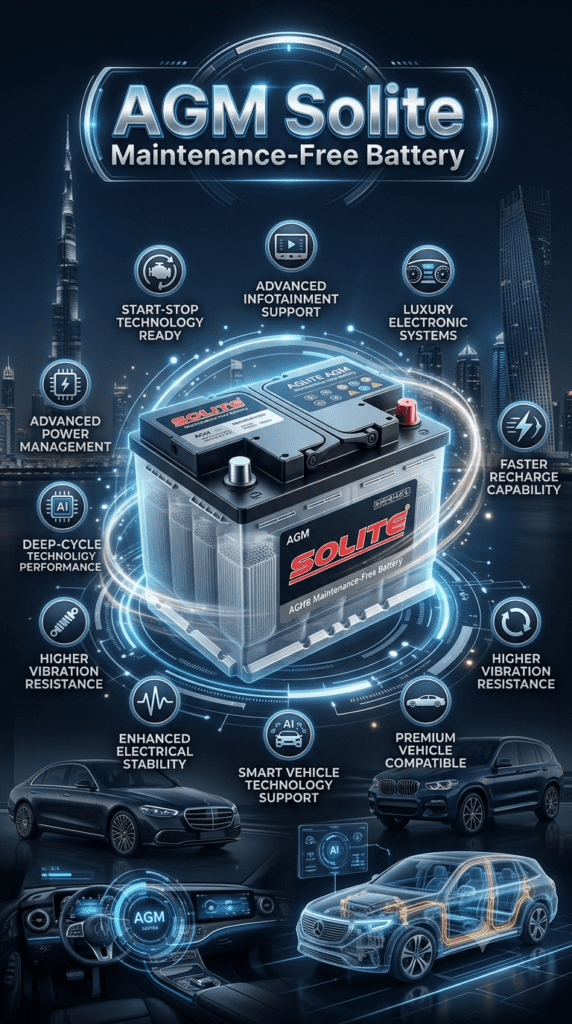 AGM Solite Maintenance-Free Battery infographic highlighting start-stop technology support, advanced infotainment compatibility, deep-cycle performance, faster recharge capability, and enhanced electrical stability.