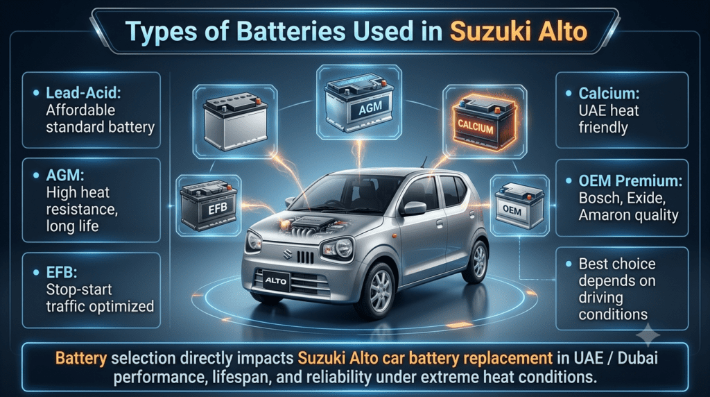 Types of Batteries Used in Suzuki Alto – UAE Car Battery Guide 2026 Suzuki Alto battery types infographic showing Lead-Acid, AGM, EFB, Calcium and OEM batteries used in UAE car battery replacement.