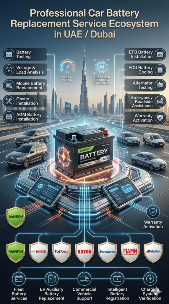 Premium automotive infographic showing professional car battery replacement services in Dubai, including battery testing, AGM installation, ECU coding, roadside assistance, EV battery support, and genuine battery brands.