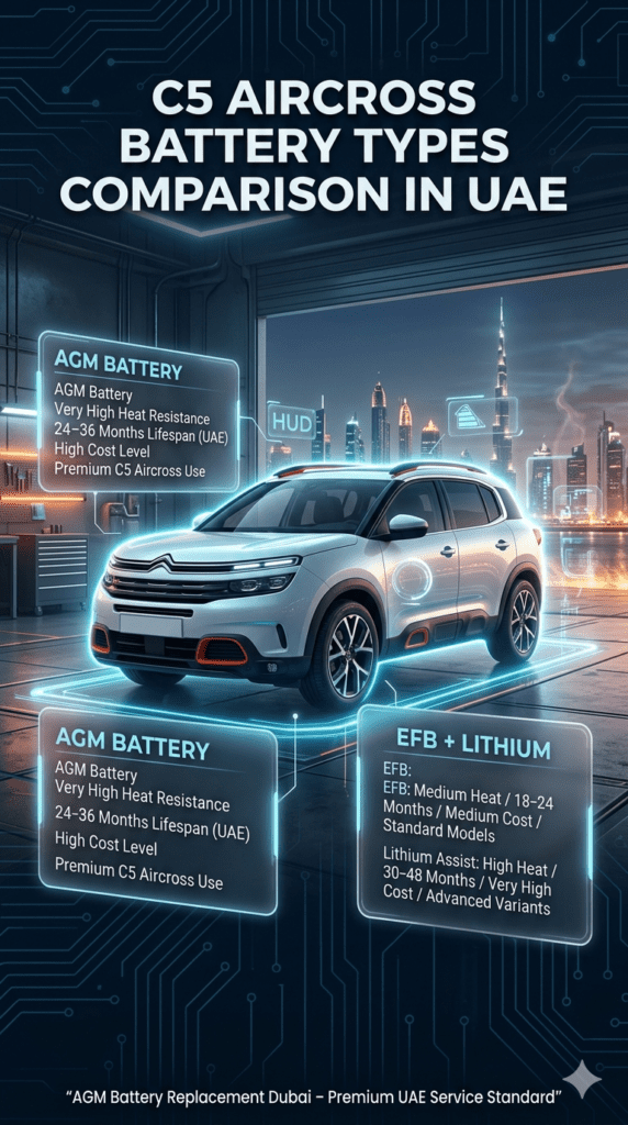 C5 AIRCROSS BATTERY TYPES COMPARISON IN UAE Infographic showing battery type comparison for Citroën C5 Aircross in UAE including AGM, EFB, and Lithium Assist with heat resistance, lifespan, cost, and suitability.