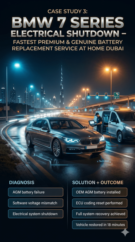 BMW 7 Series breakdown on Sheikh Zayed Road in Dubai with mobile technician replacing AGM battery and performing ECU coding reset during emergency roadside service.