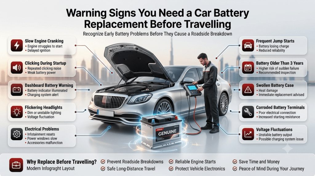 Warning Signs You Need a Car Battery Replacement Before Travelling in Dubai Infographic showing the common warning signs of a failing car battery before travelling, including slow engine cranking, battery warning light, flickering headlights, terminal corrosion, and frequent jump starts.
