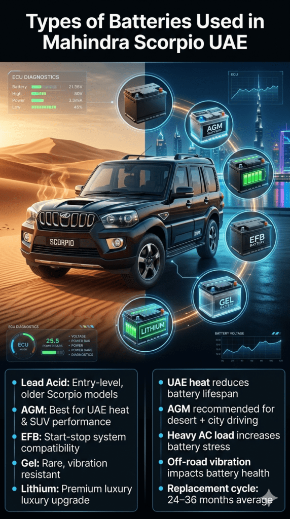 Infographic showing Mahindra Scorpio battery types in UAE including Lead Acid, AGM, EFB, Gel, and Lithium with SUV and Dubai desert background.