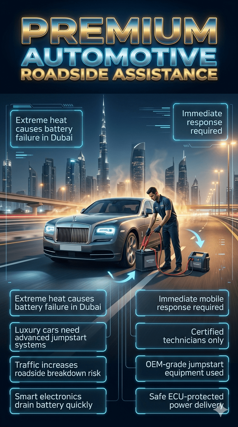 Luxury roadside jumpstart service in Dubai showing a technician restarting a premium car battery with professional equipment, with infographic-style key points highlighting battery failure causes, emergency response, and certified jumpstart service.