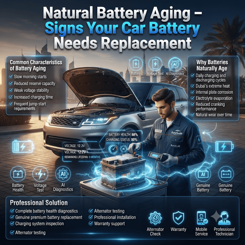 Natural Battery Aging โ Signs Your Car Battery Needs Replacement | EuroSwift Auto Services Natural battery aging infographic showing a EuroSwift Auto Services technician performing a professional battery health inspection on a luxury car in Dubai with key signs of battery deterioration.