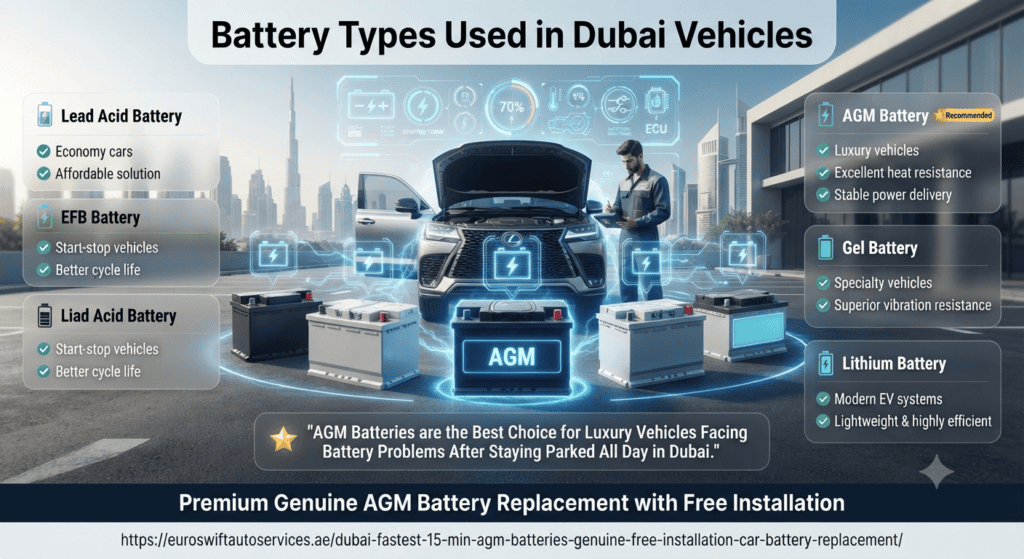 Battery Types Used in Dubai Vehicles | AGM, EFB, Lead Acid, Gel & Lithium Battery Guide Premium infographic comparing battery types used in Dubai vehicles, including Lead Acid, EFB, AGM, Gel, and Lithium batteries, highlighting AGM batteries as the best choice for luxury vehicles due to superior heat resistance and power stability.