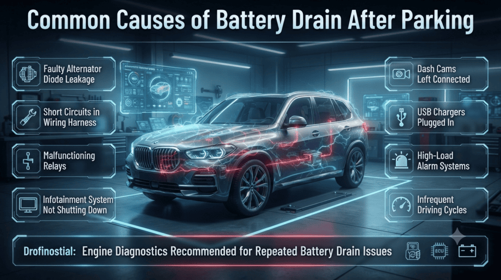 Common Causes of Car Battery Drain After Parking in Dubai Guide Automotive infographic showing common electrical and user-related causes of car battery drain after parking, including alternator faults, wiring issues, and accessories.