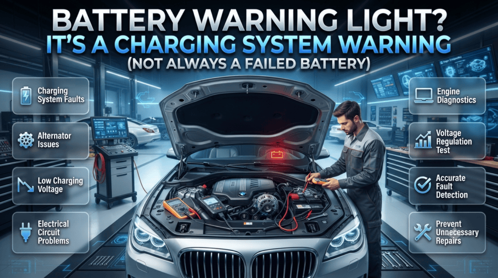 Battery Warning Light Causes Beyond a Failed Car Battery Dashboard battery warning light with technician performing engine diagnostics to identify alternator, charging system, voltage regulator, or electrical faults.