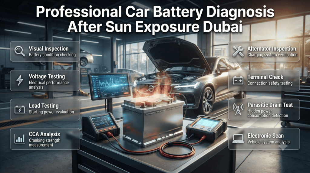 Professional Car Battery Diagnosis After Sun Exposure Dubai Professional car battery diagnosis in Dubai showing battery testing, alternator inspection, voltage analysis, and electrical system checks