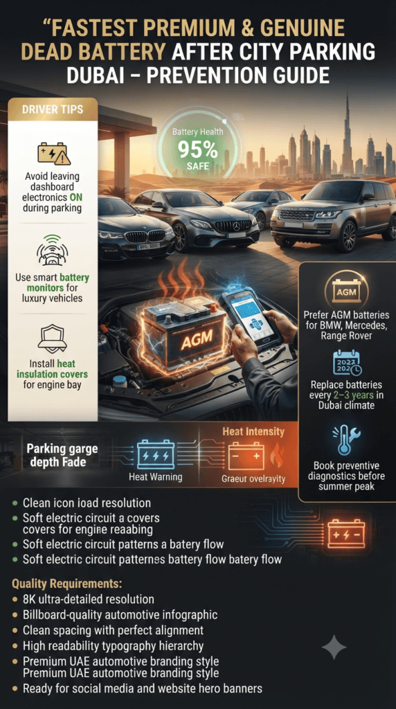 Car Battery Maintenance Tips Dubai – Prevent Dead Battery After City Parking Emergencies Dubai car battery maintenance infographic showing preventive tips including smart monitoring, AGM battery usage, heat protection, and replacement intervals to avoid dead battery emergencies after city parking.