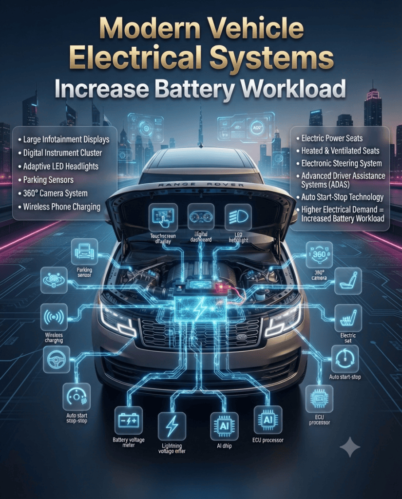 Modern Vehicle Electrical Systems Increase Battery Workload | Premium Car Battery Technology Dubai Luxury automotive infographic illustrating how modern vehicle electrical systems such as infotainment displays, digital dashboards, ADAS, wireless charging, electric seats, and 360-degree cameras increase car battery workload in Dubai.